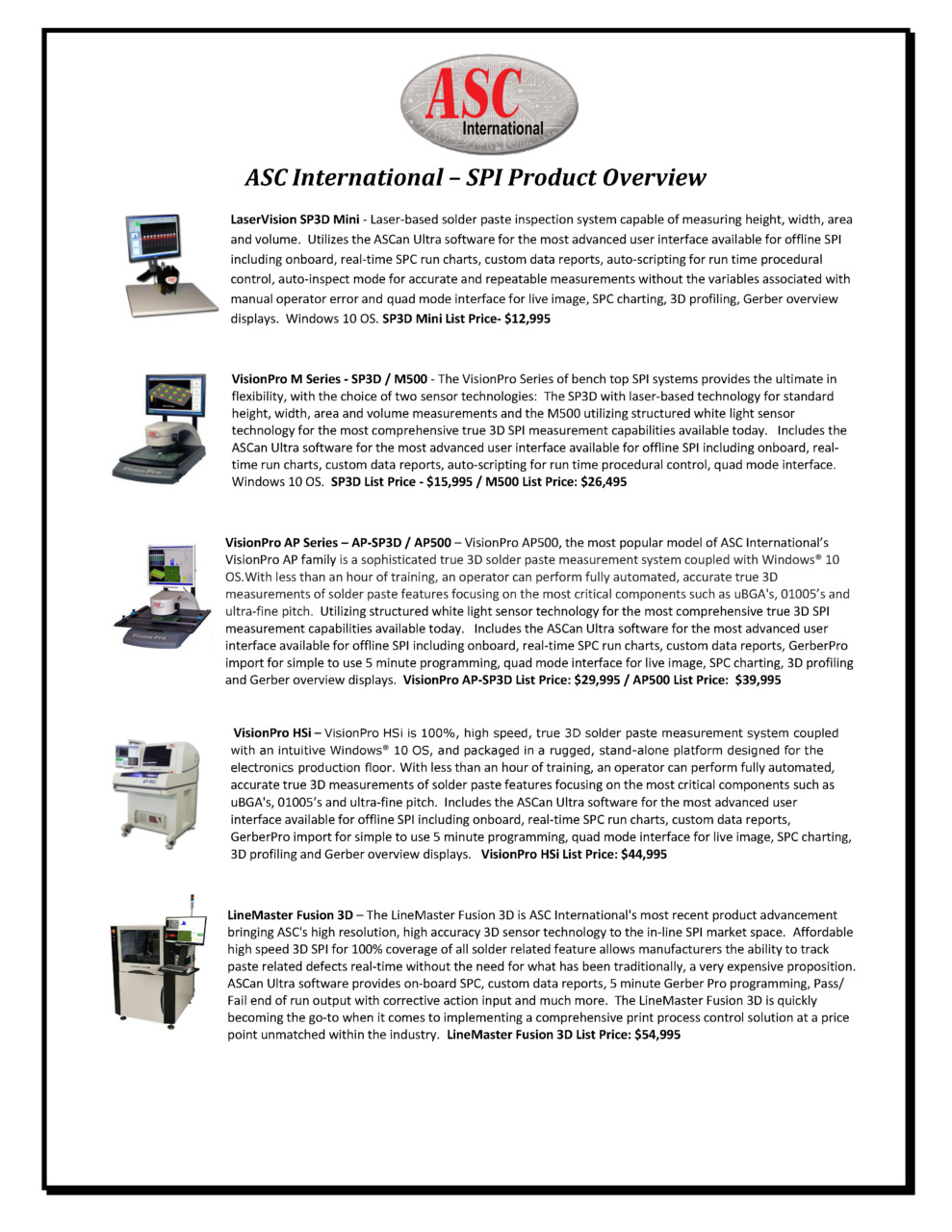 ASC International AOI and SPI Products and Pricing 2022 Page 1 SMT & SPI - Automated AOI